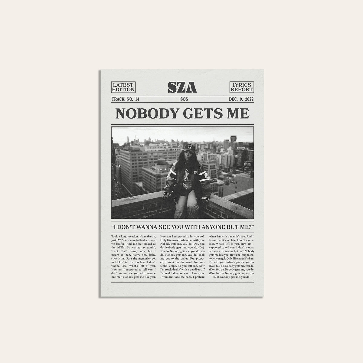 SZA Nobody Gets Me newspaper poster — unframed print