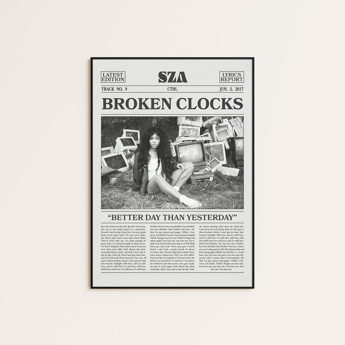 SZA Broken Clocks newspaper poster, TV Scene — black frame display
