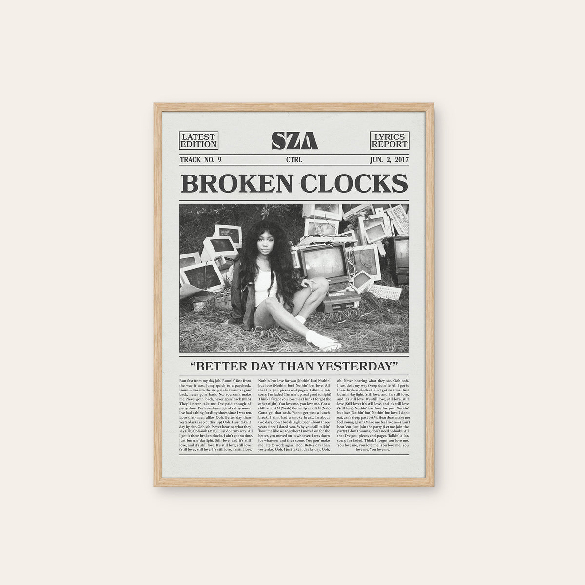 SZA Broken Clocks newspaper poster, TV Scene — natural wood frame