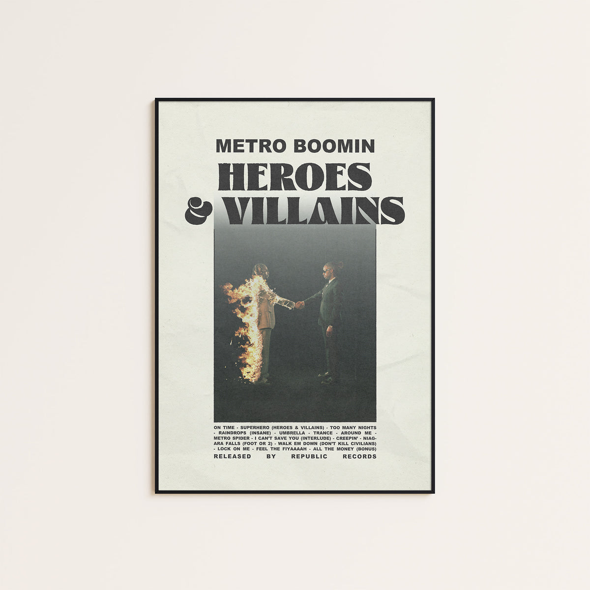 Metro Boomin Heroes & Villains newspaper poster — black frame display