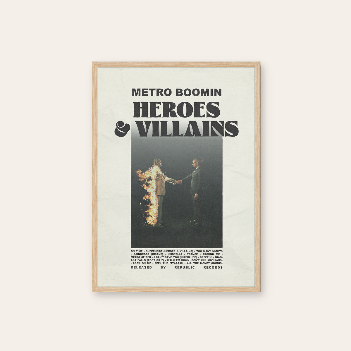 Metro Boomin Heroes & Villains newspaper poster — natural wood frame
