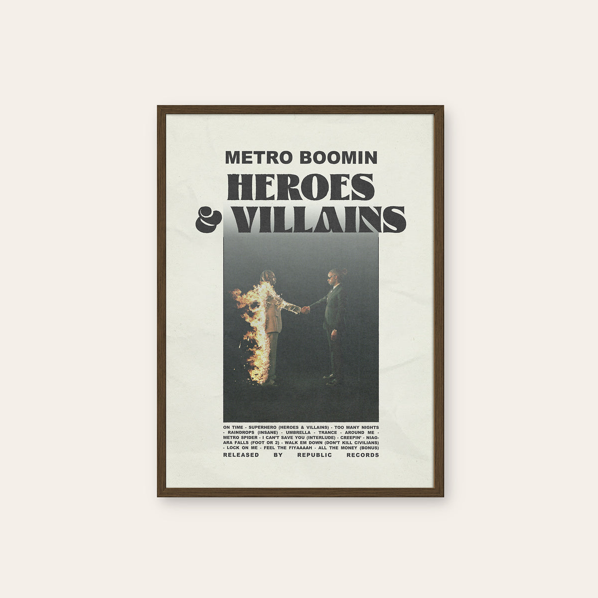 Metro Boomin Heroes & Villains newspaper poster — dark wood frame