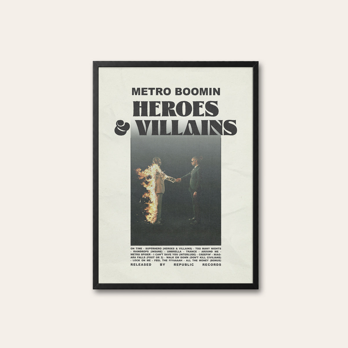 Metro Boomin Heroes & Villains newspaper poster — black frame