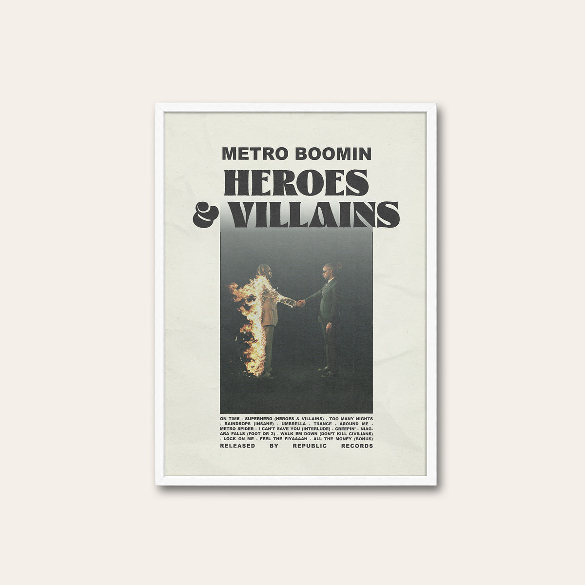 Metro Boomin Heroes & Villains newspaper poster — white frame