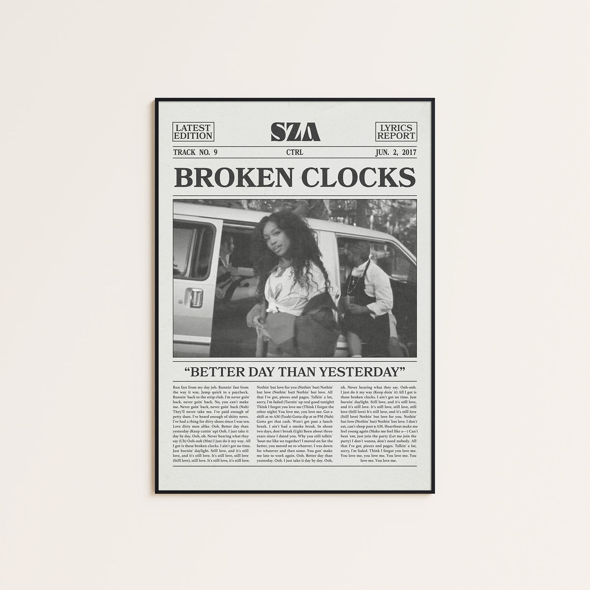 SZA Broken Clocks newspaper poster, Van — black frame display