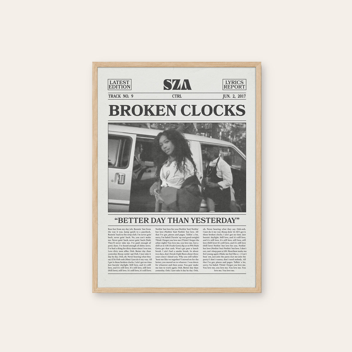 SZA Broken Clocks newspaper poster, Van — natural wood frame