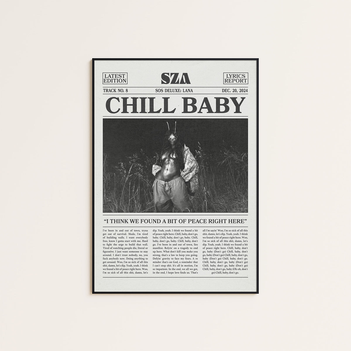 SZA Chill Baby newspaper poster — black frame display