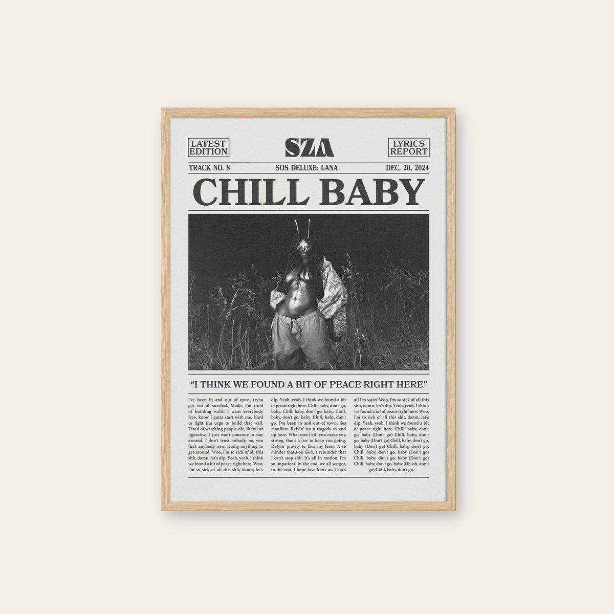 SZA Chill Baby newspaper poster — natural wood frame