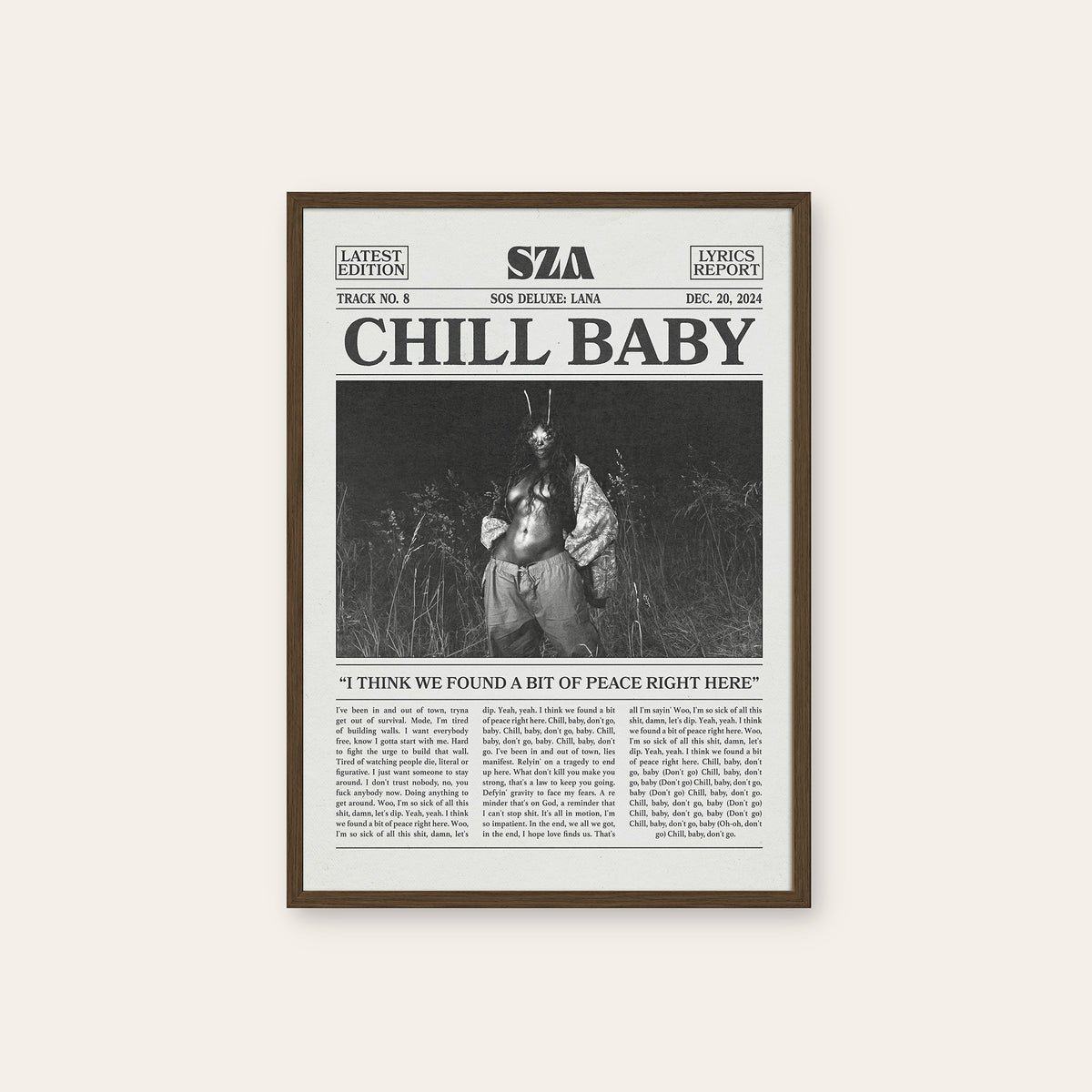 SZA Chill Baby newspaper poster — dark wood frame