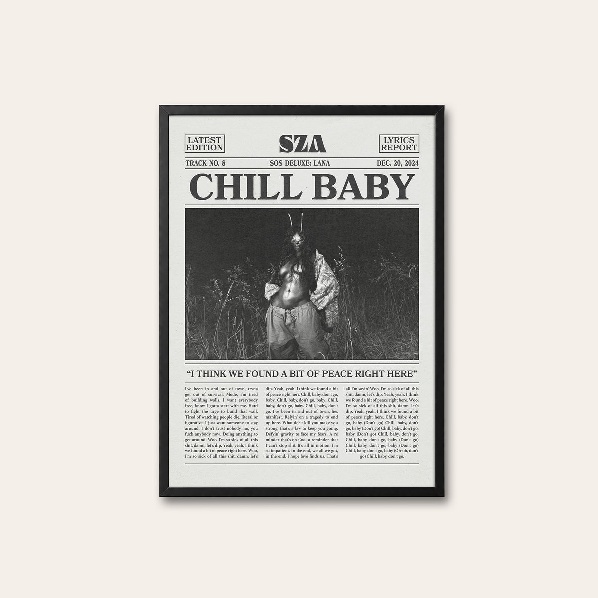 SZA Chill Baby newspaper poster — black frame