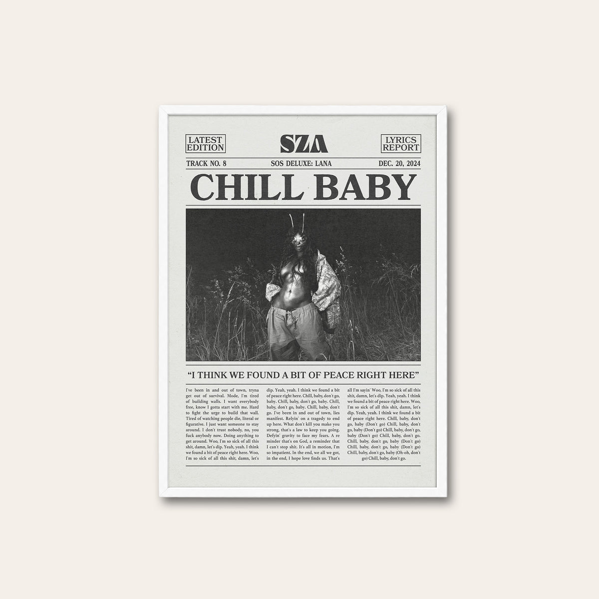 SZA Chill Baby newspaper poster — white frame