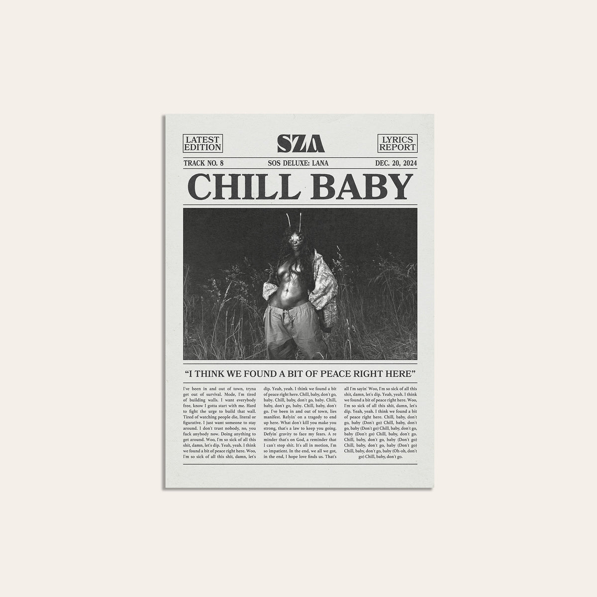 SZA Chill Baby newspaper poster — unframed print