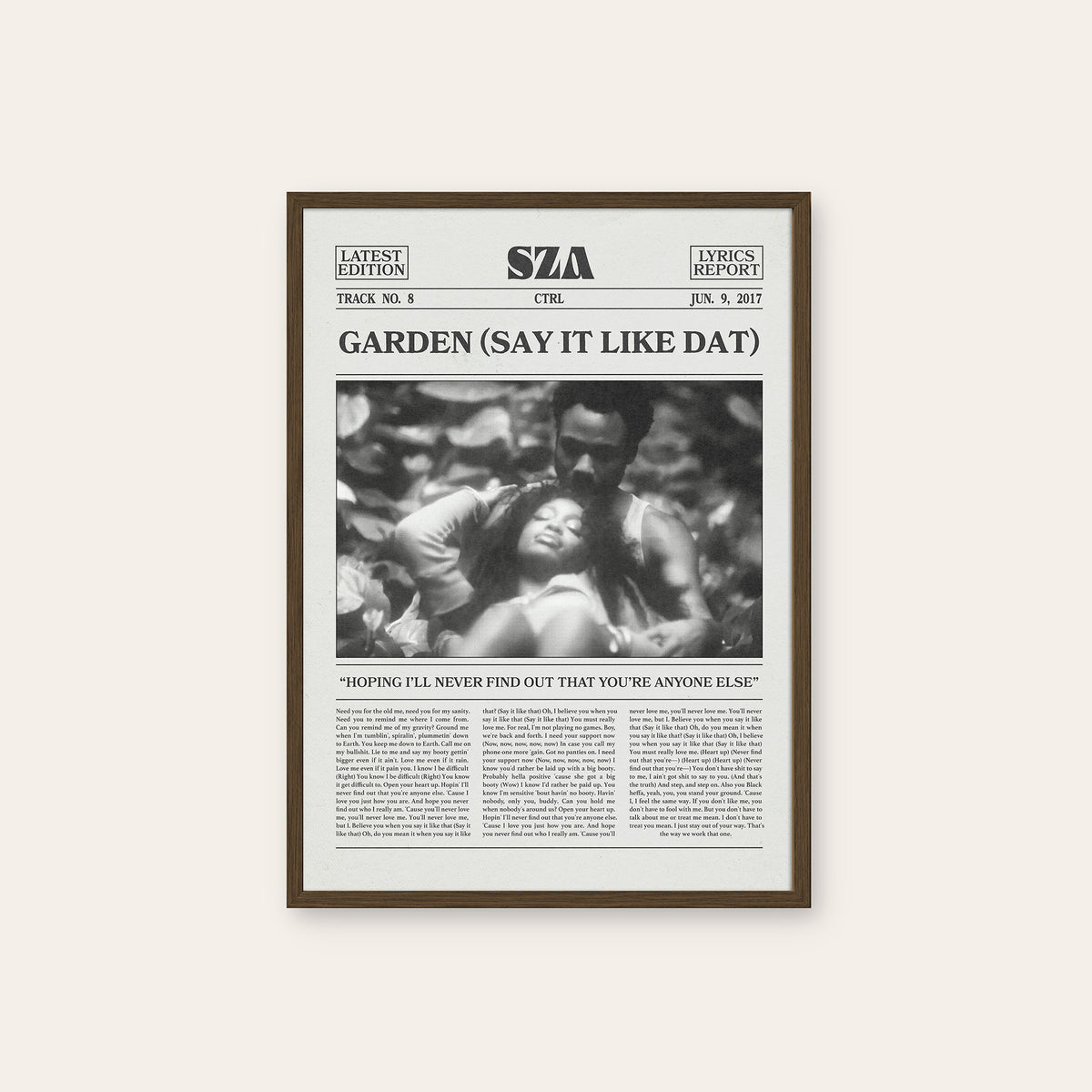 SZA Garden (Say It Like Dat) newspaper poster — dark wood frame
