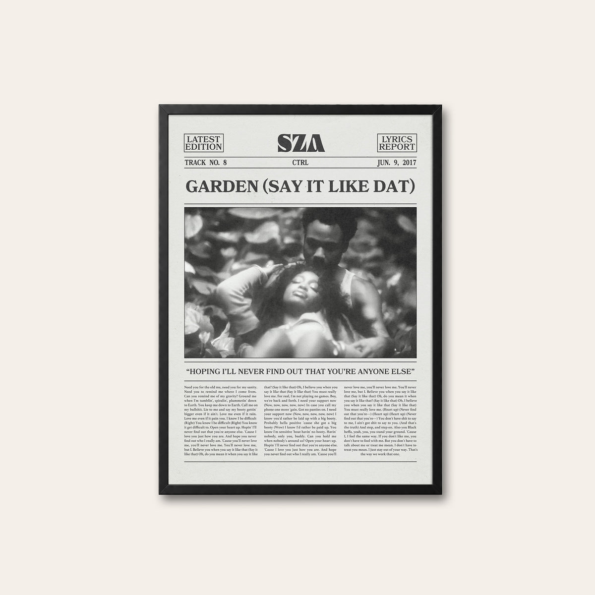 SZA Garden (Say It Like Dat) newspaper poster — black frame