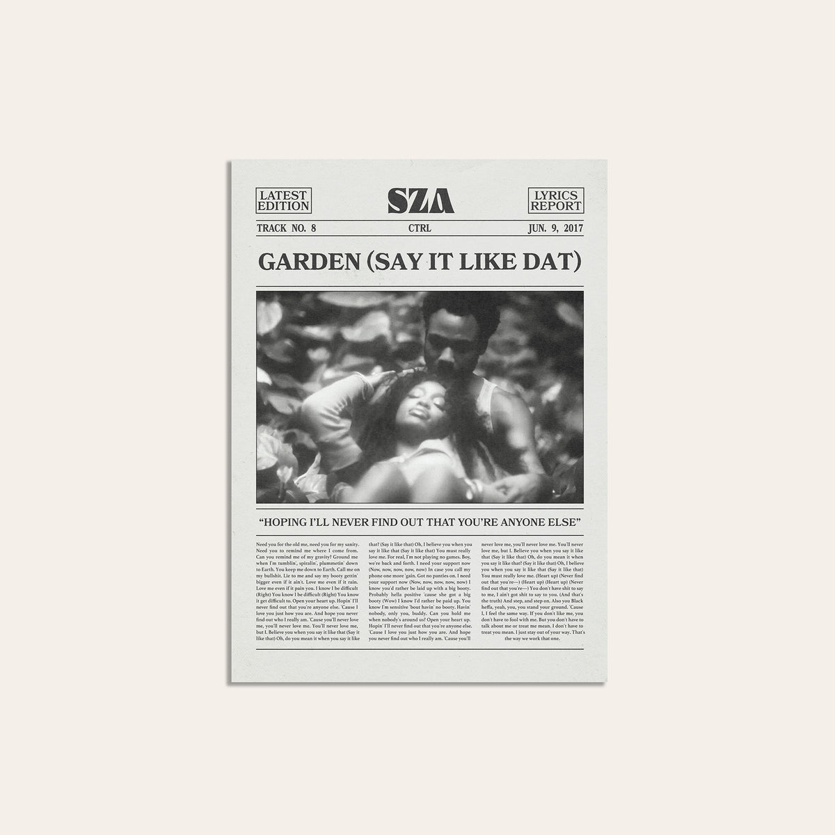 SZA Garden (Say It Like Dat) newspaper poster — unframed print