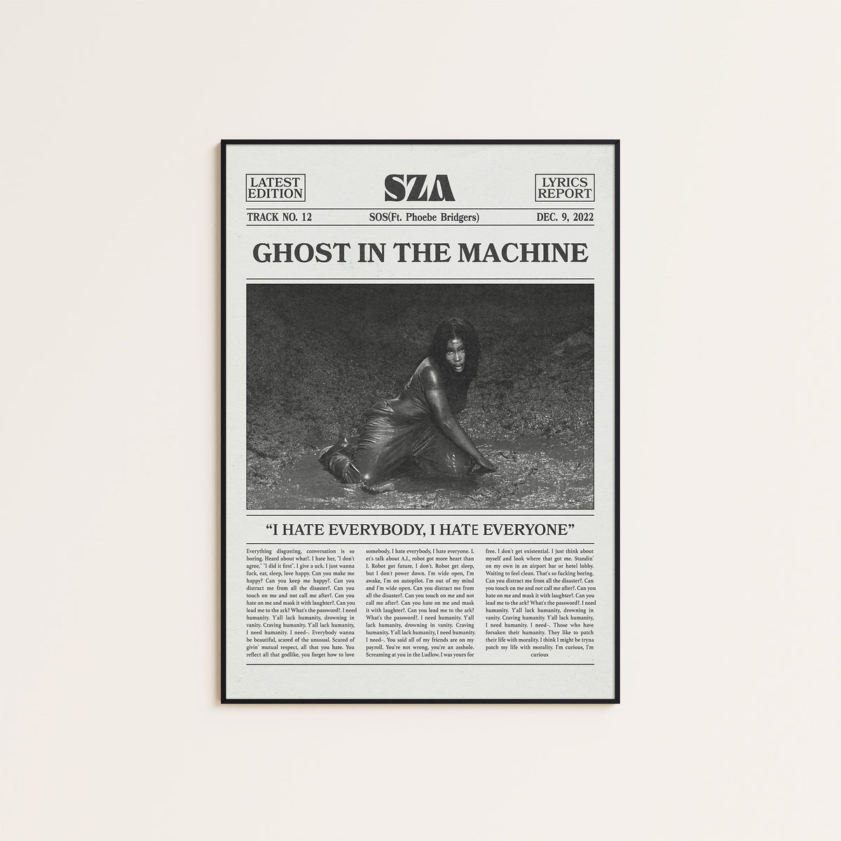 SZA Ghost in the Machine newspaper poster — black frame display