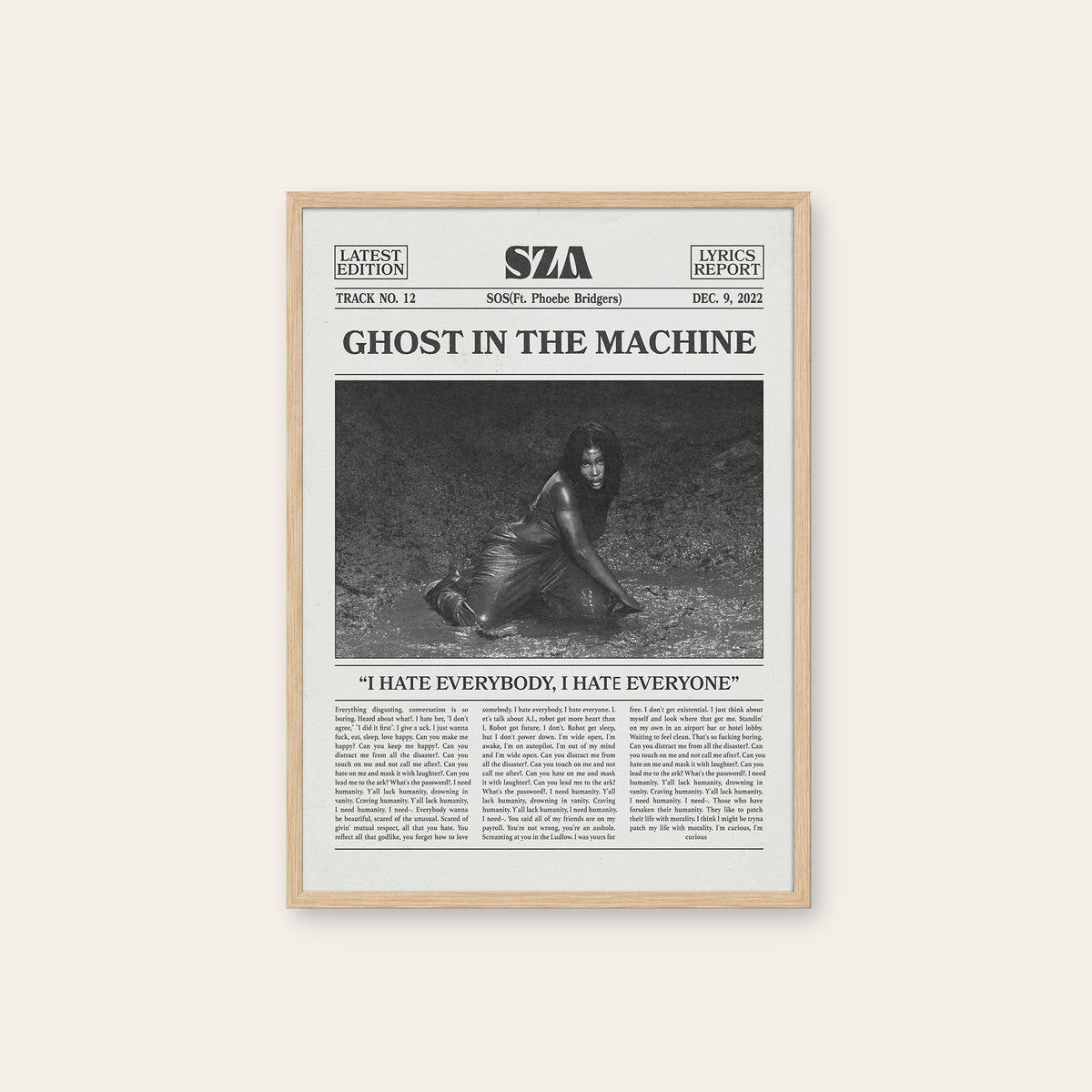 SZA Ghost in the Machine newspaper poster — natural wood frame