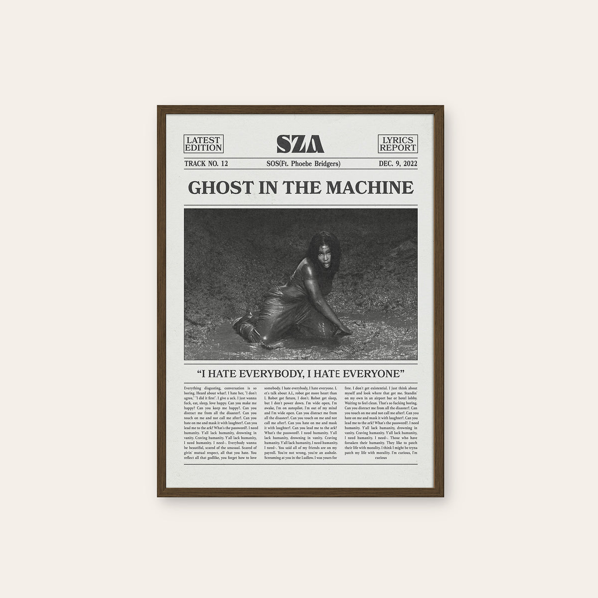 SZA Ghost in the Machine newspaper poster — dark wood frame