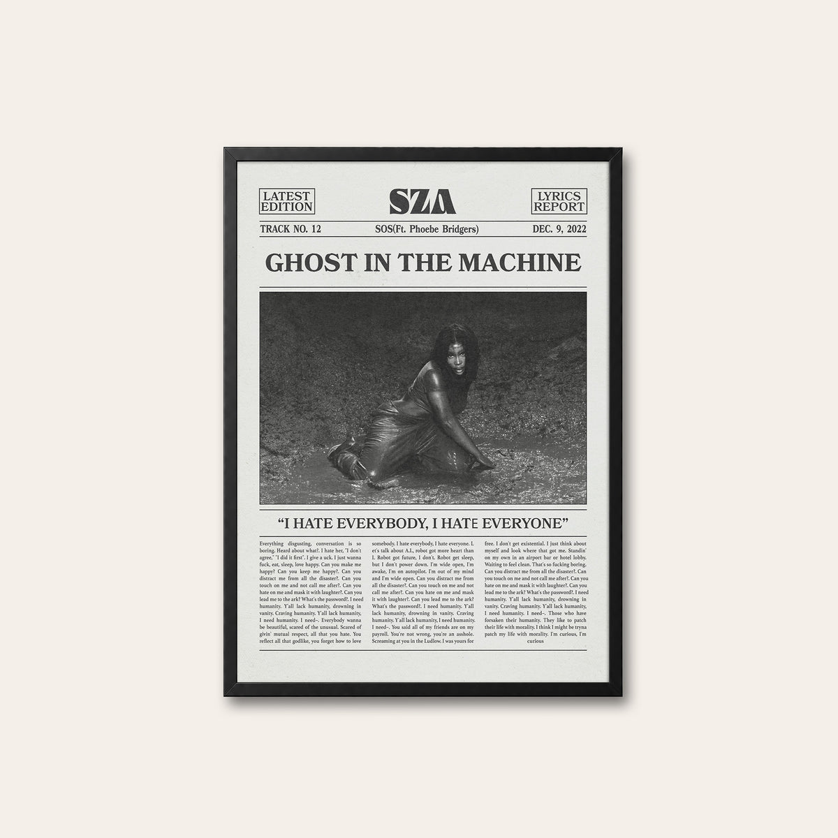 SZA Ghost in the Machine newspaper poster — black frame