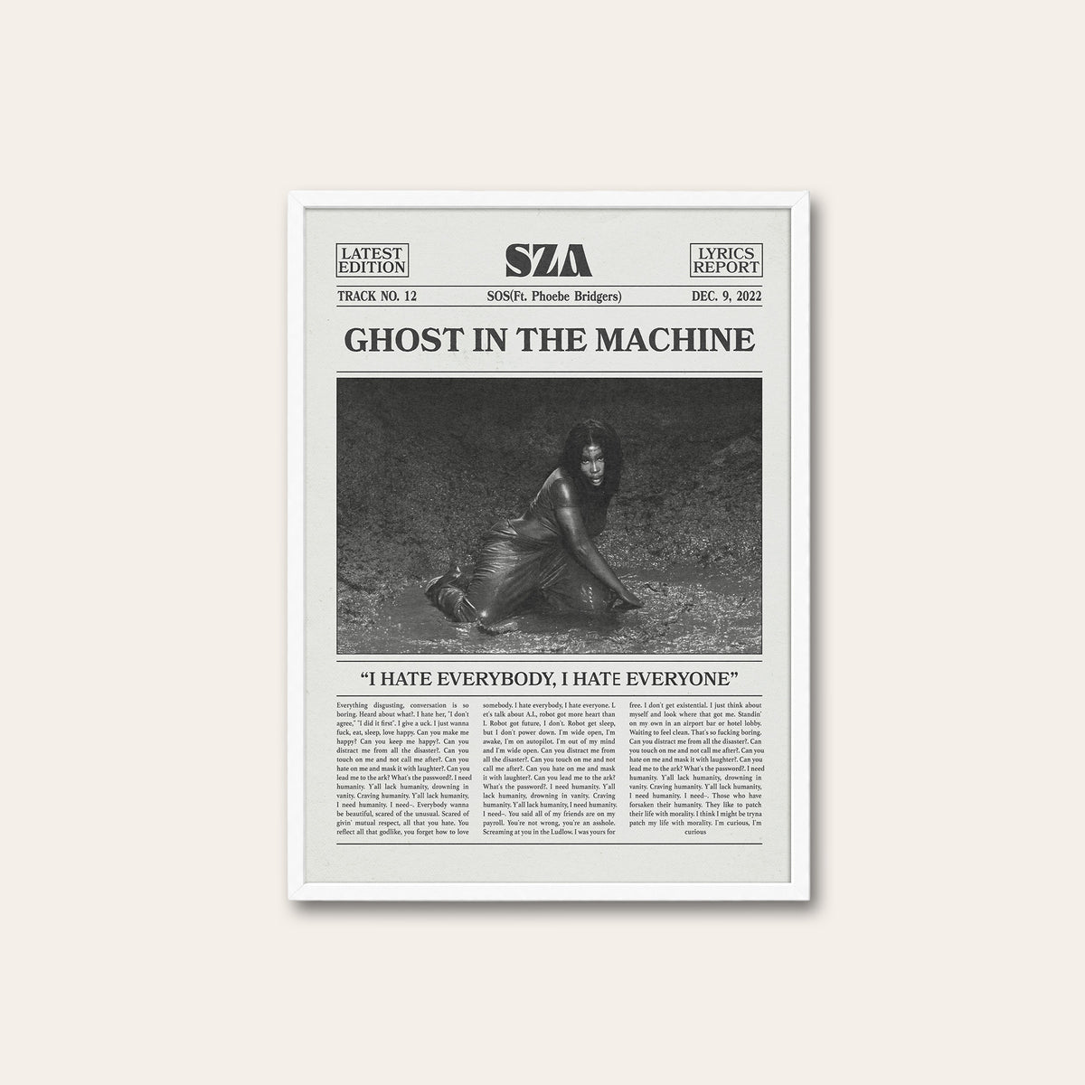 SZA Ghost in the Machine newspaper poster — white frame