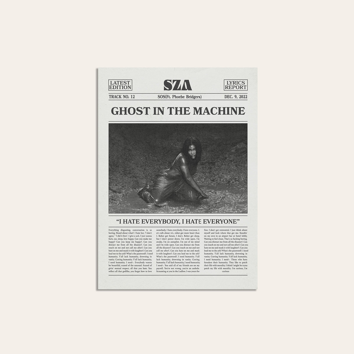 SZA Ghost in the Machine newspaper poster — unframed print