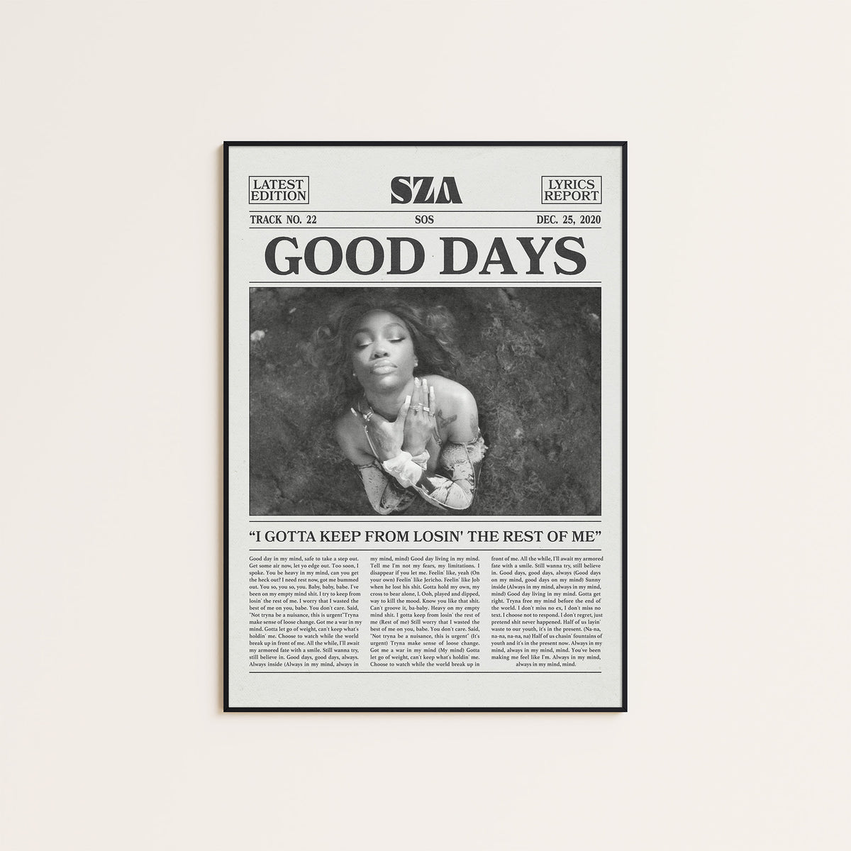 SZA Good Days newspaper poster — black frame display