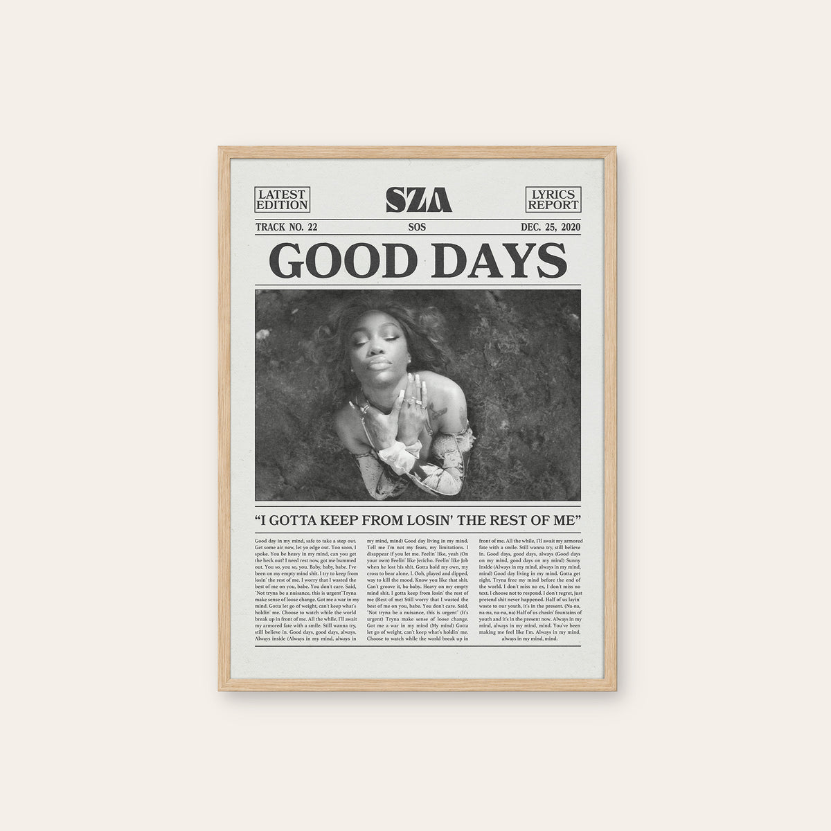 SZA Good Days newspaper poster — natural wood frame