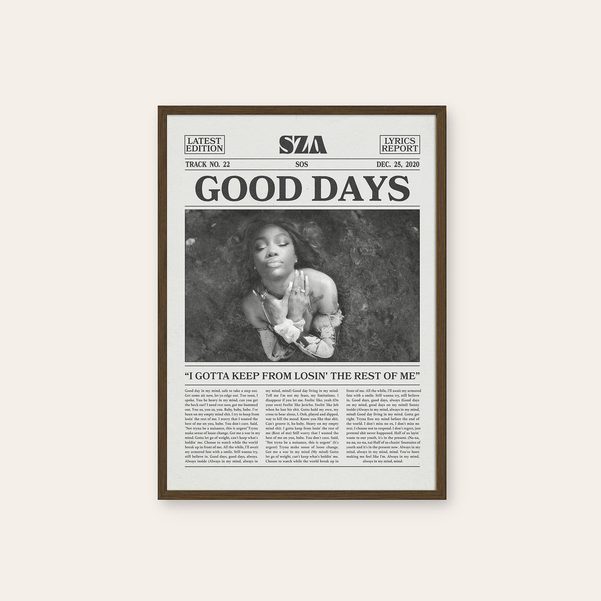 SZA Good Days newspaper poster — dark wood frame