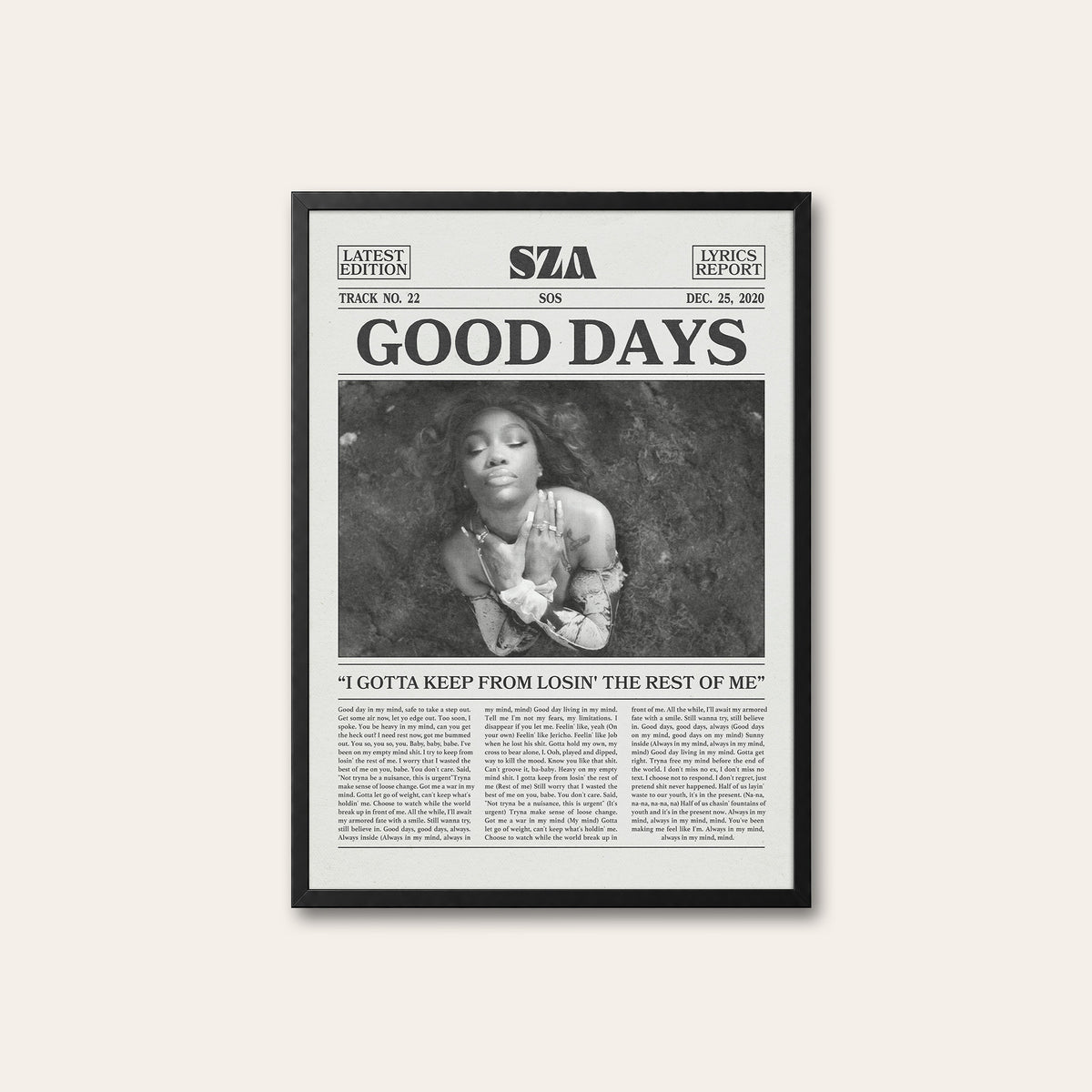 SZA Good Days newspaper poster — black frame