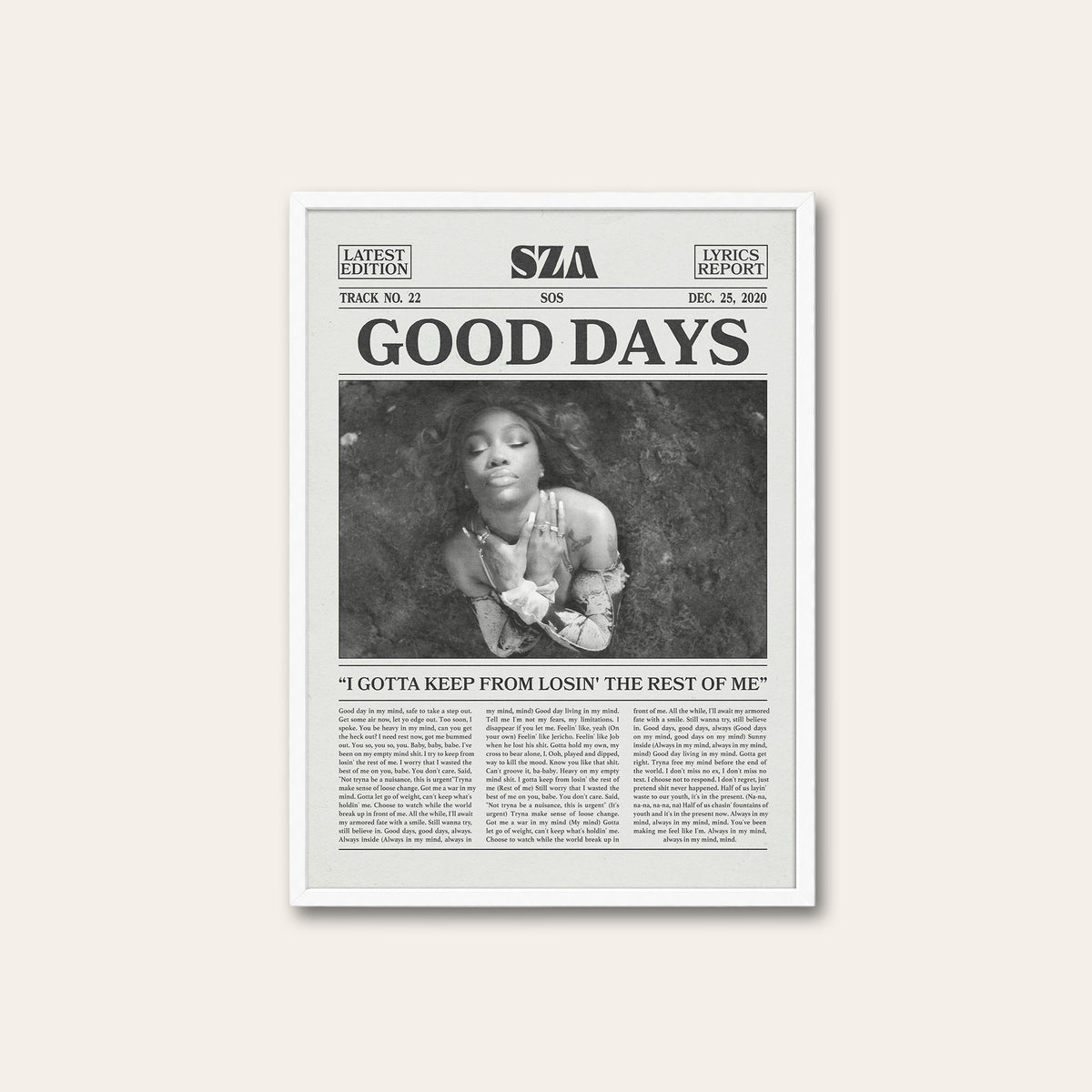 SZA Good Days newspaper poster — white frame