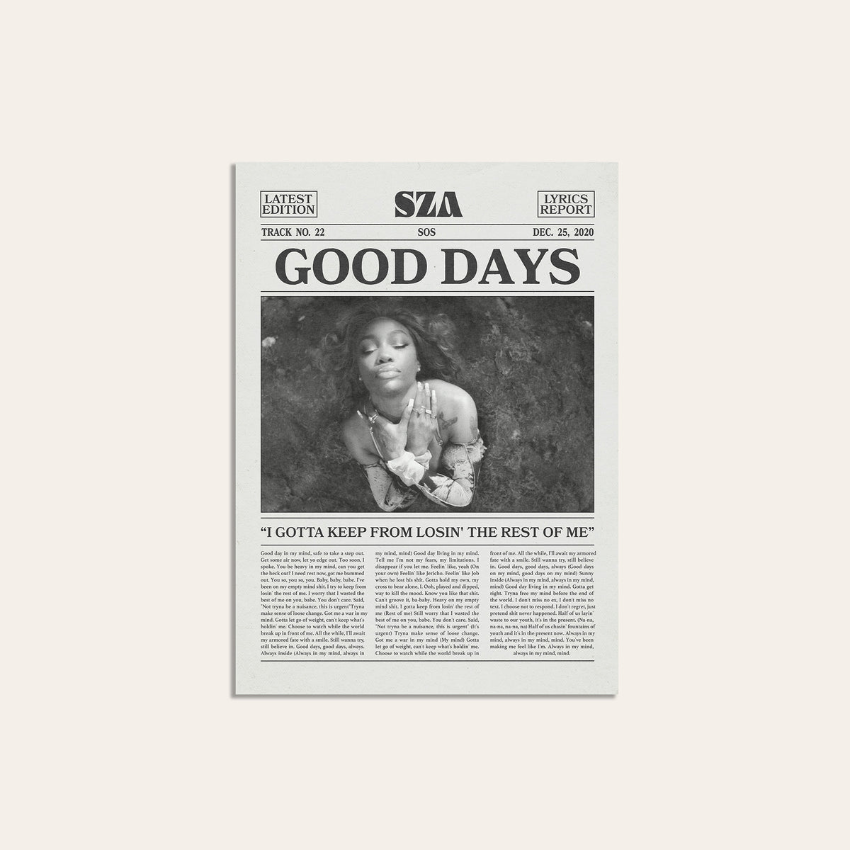 SZA Good Days newspaper poster — unframed print