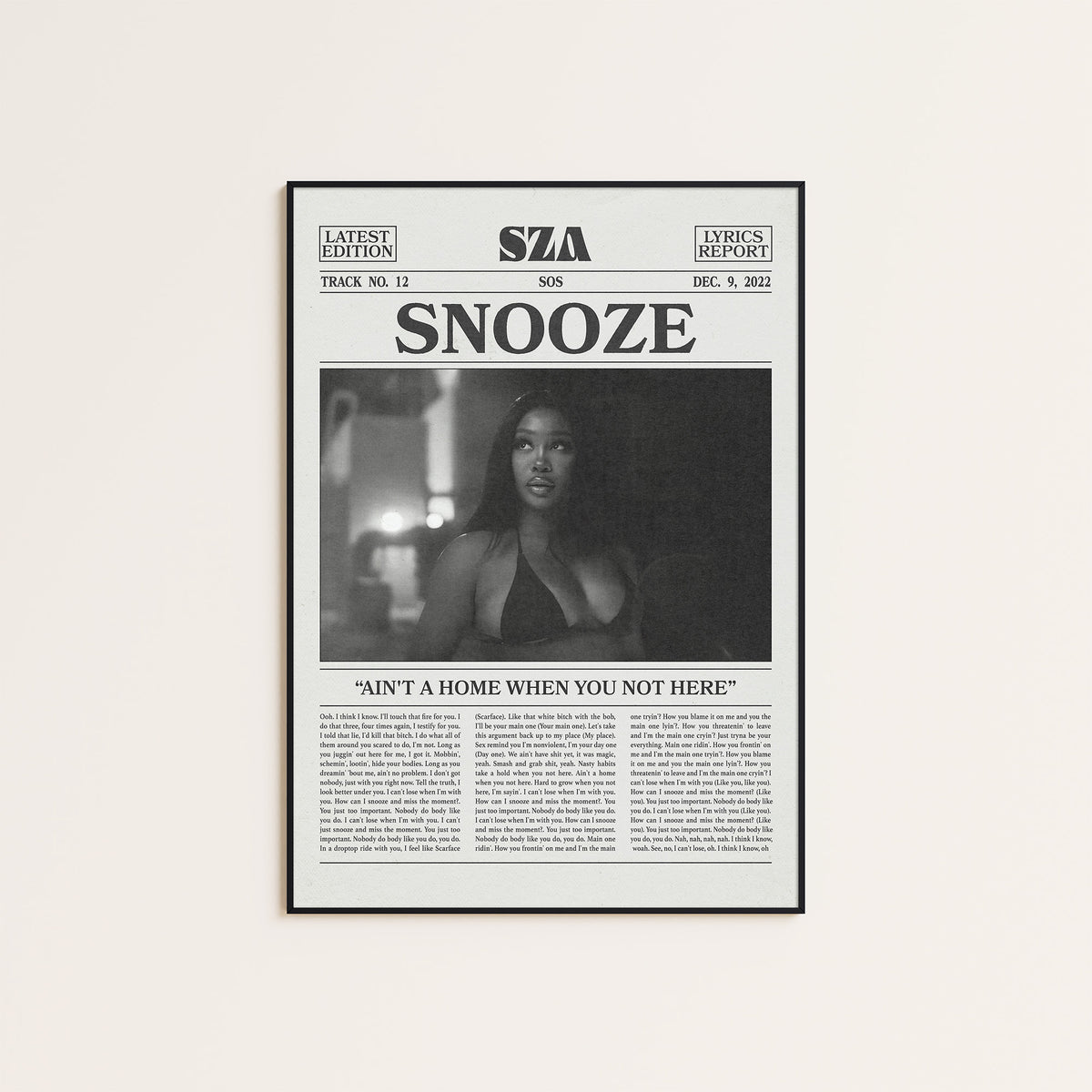 SZA Snooze newspaper poster, Indoor — black frame display