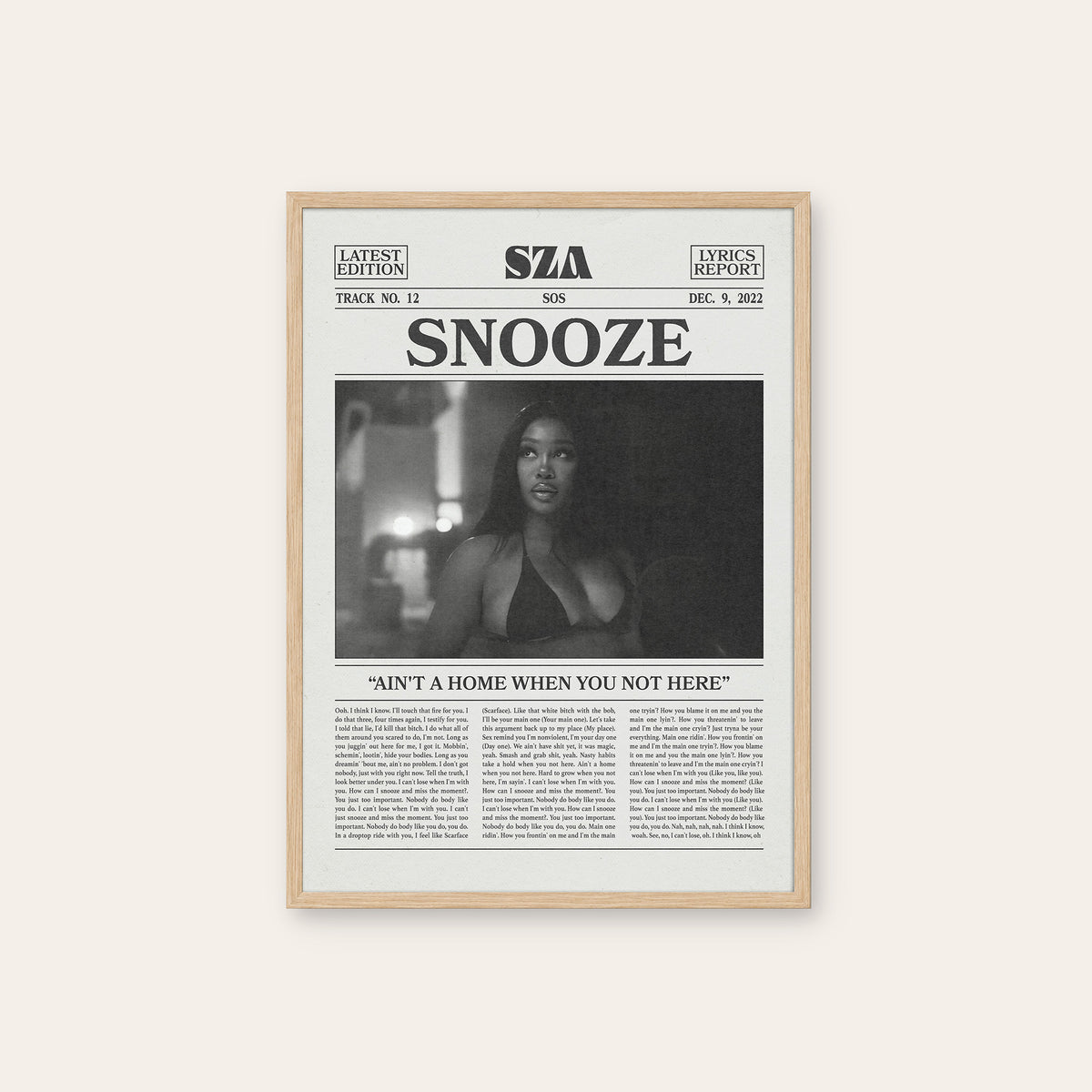 SZA Snooze newspaper poster, Indoor — natural wood frame