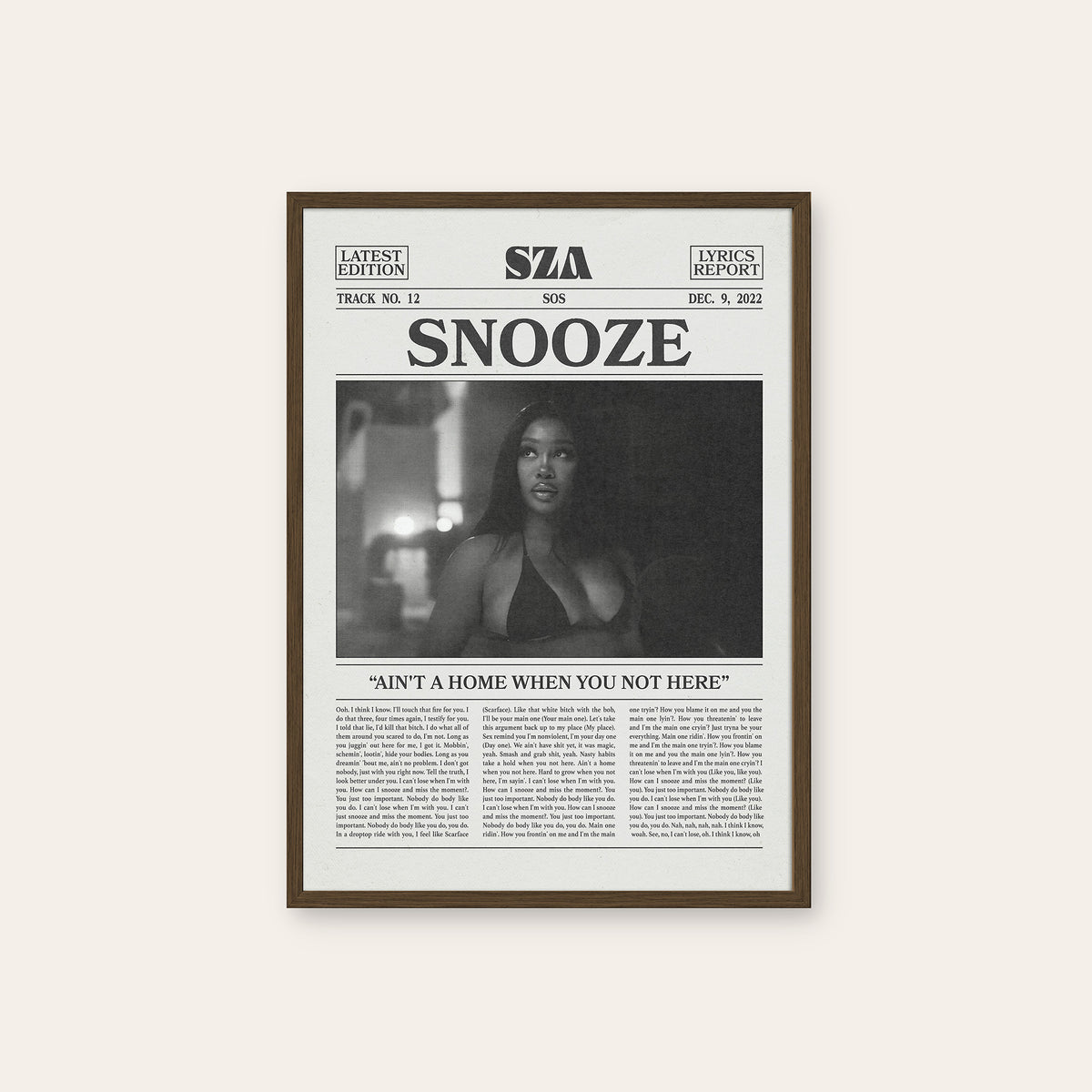 SZA Snooze newspaper poster, Indoor — dark wood frame