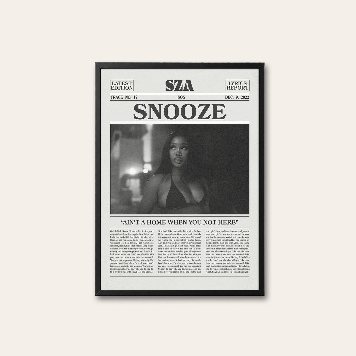 SZA Snooze newspaper poster, Indoor — black frame