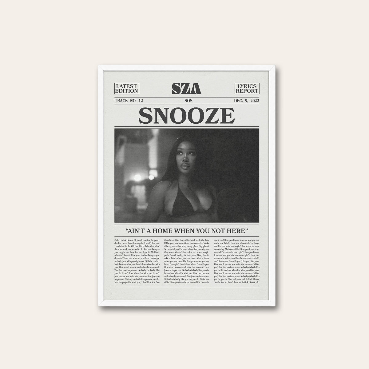 SZA Snooze newspaper poster, Indoor — white frame