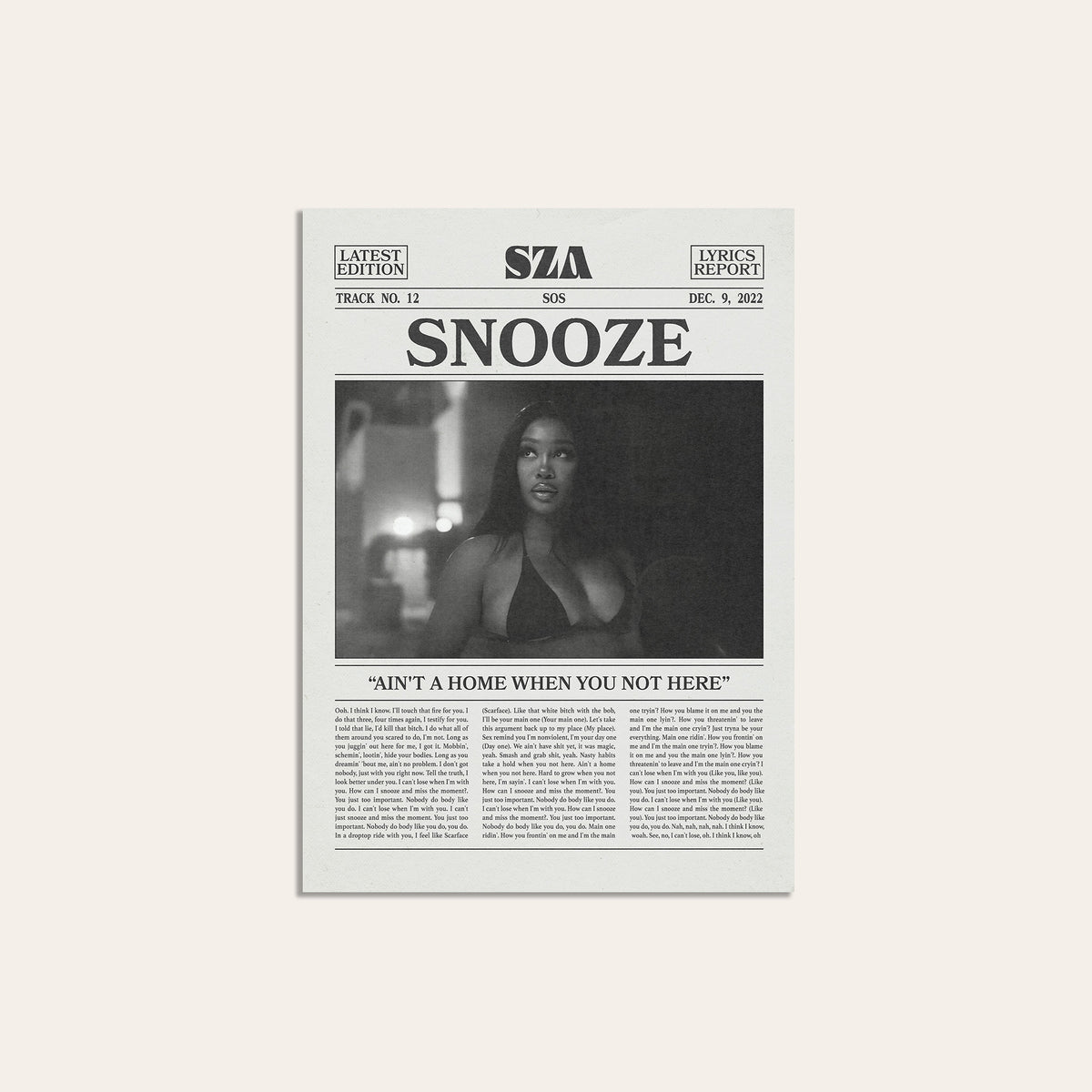 SZA Snooze newspaper poster, Indoor — unframed print