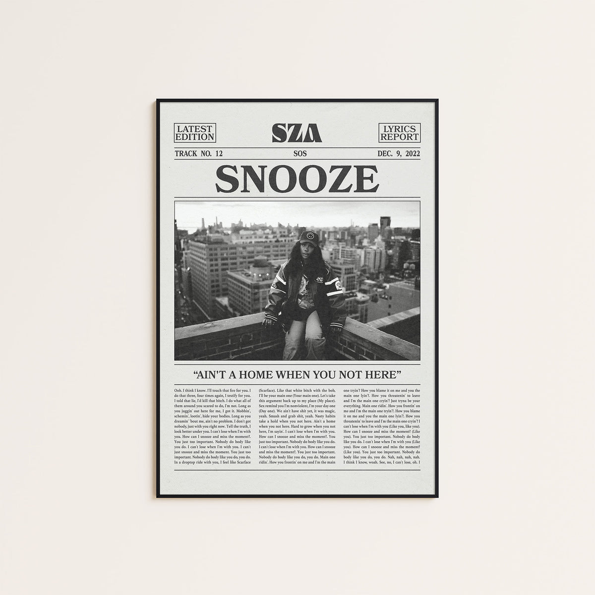 SZA Snooze newspaper poster, Rooftop — black frame display