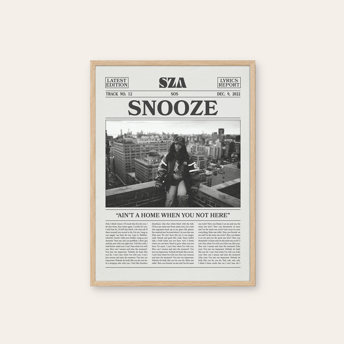 SZA Snooze newspaper poster, Rooftop — natural wood frame