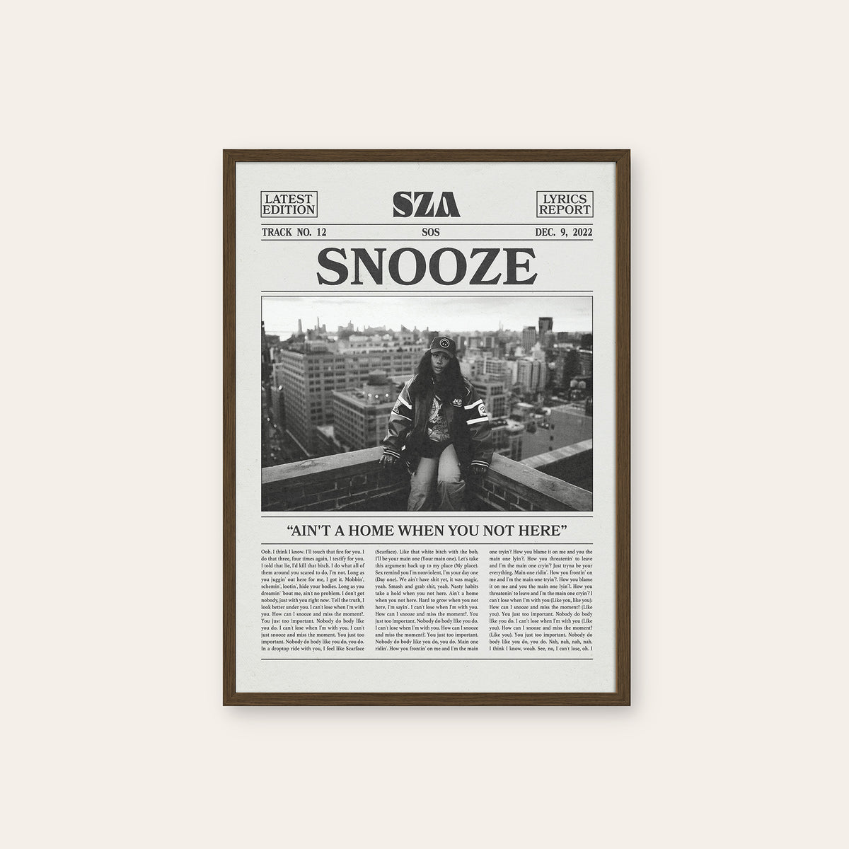 SZA Snooze newspaper poster, Rooftop — dark wood frame
