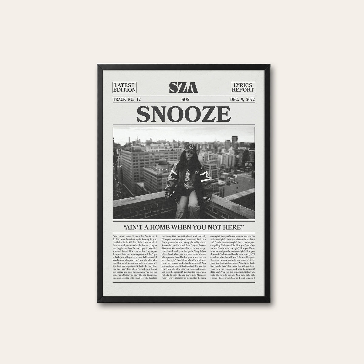 SZA Snooze newspaper poster, Rooftop — black frame