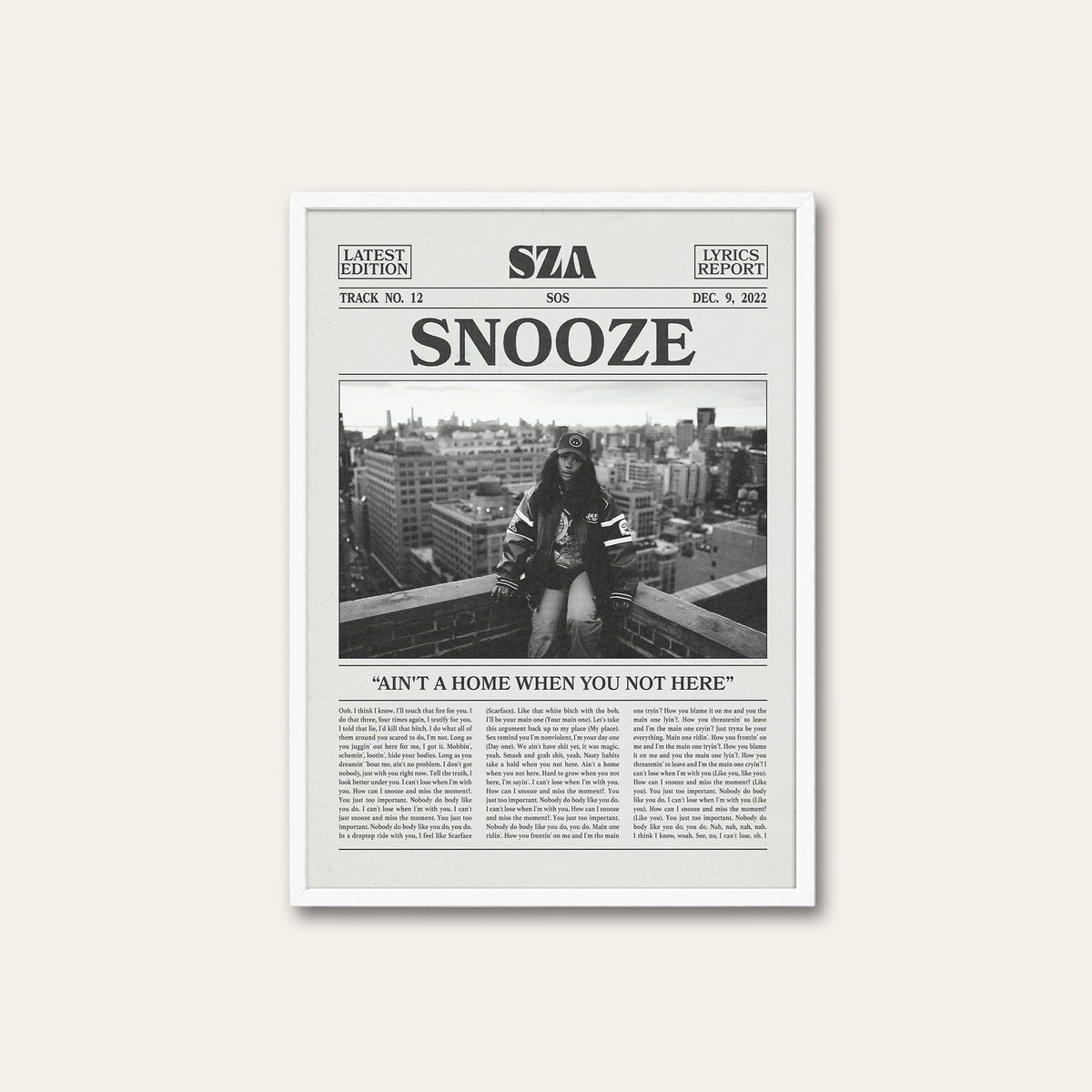 SZA Snooze newspaper poster, Rooftop — white frame