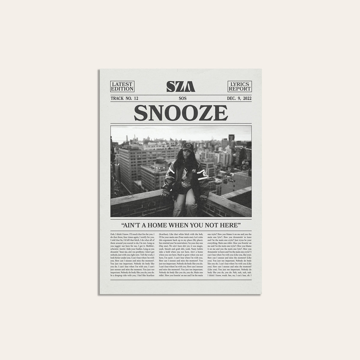 SZA Snooze newspaper poster, Rooftop — unframed print