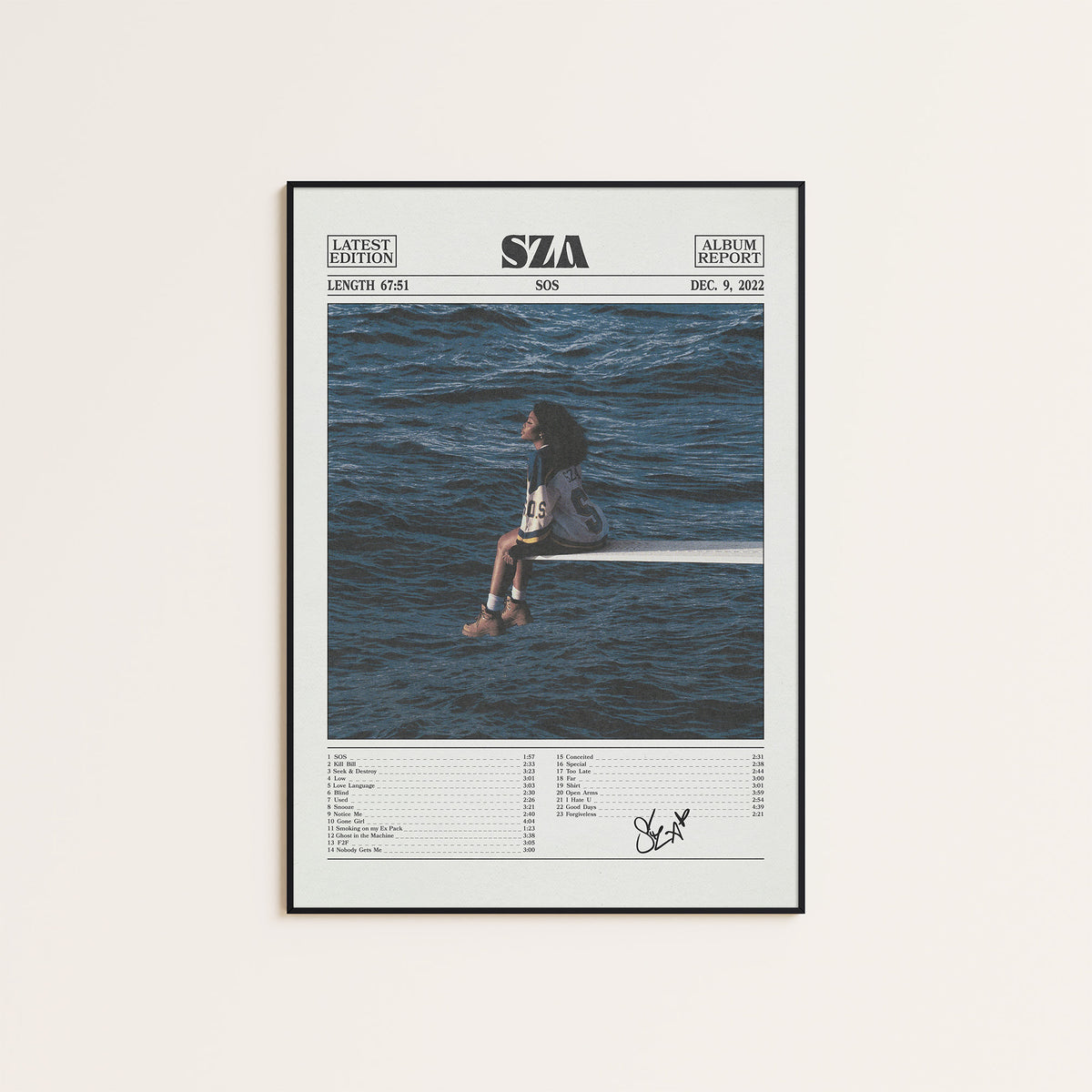 SZA SOS newspaper poster, Color Tracklist — black frame display