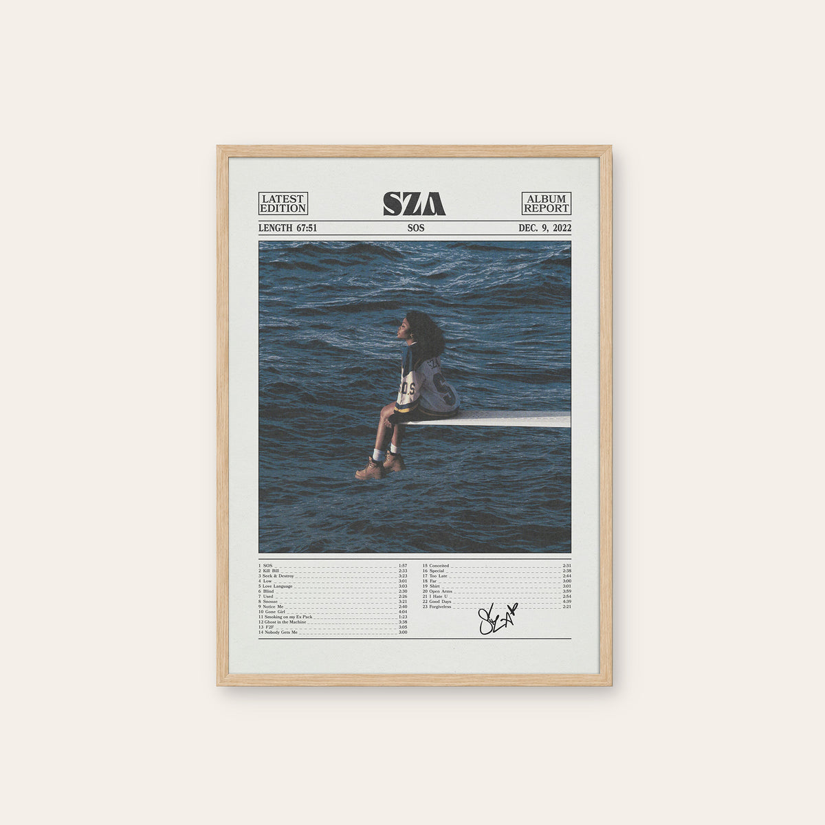 SZA SOS newspaper poster, Color Tracklist — natural wood frame