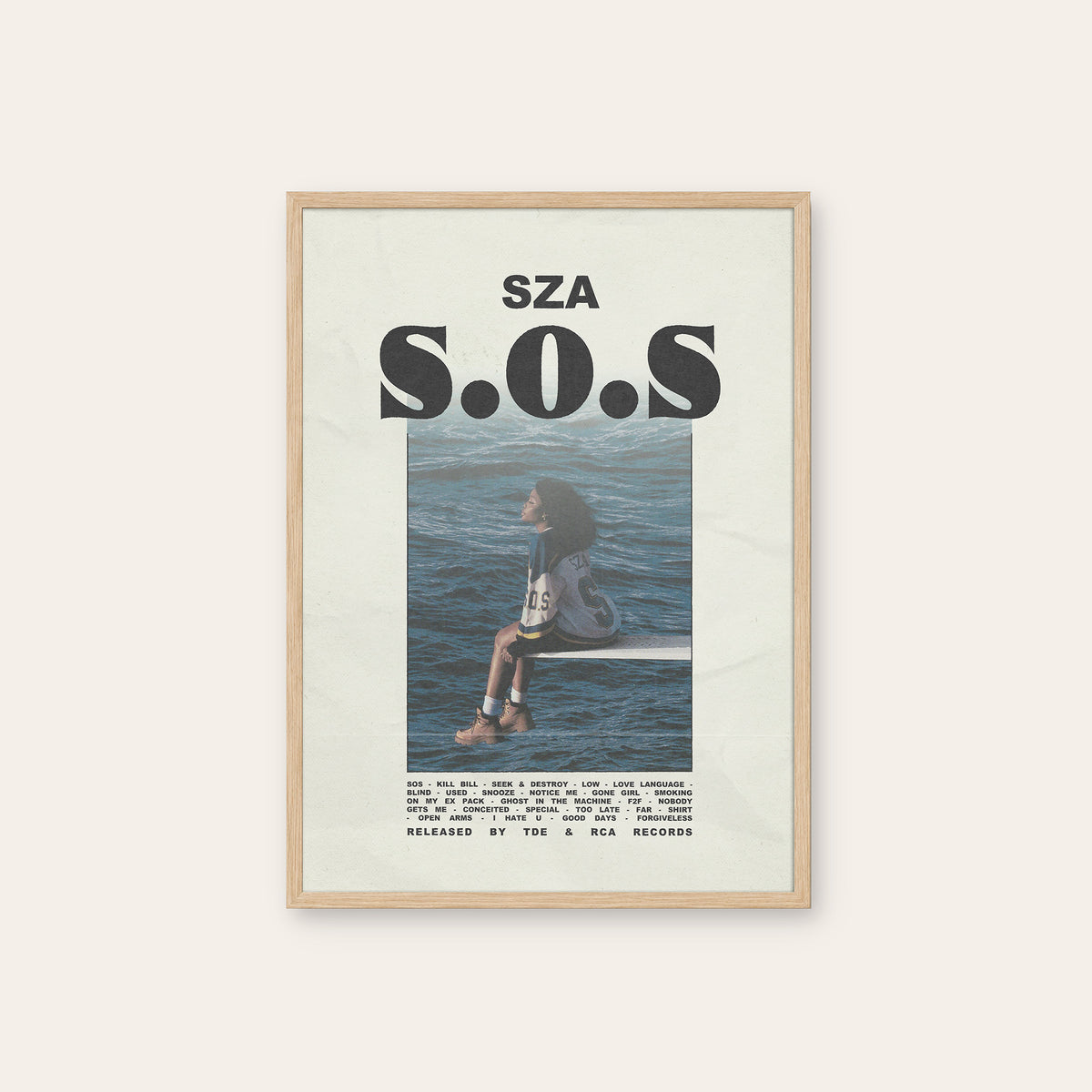 SZA SOS newspaper poster, Headline — natural wood frame