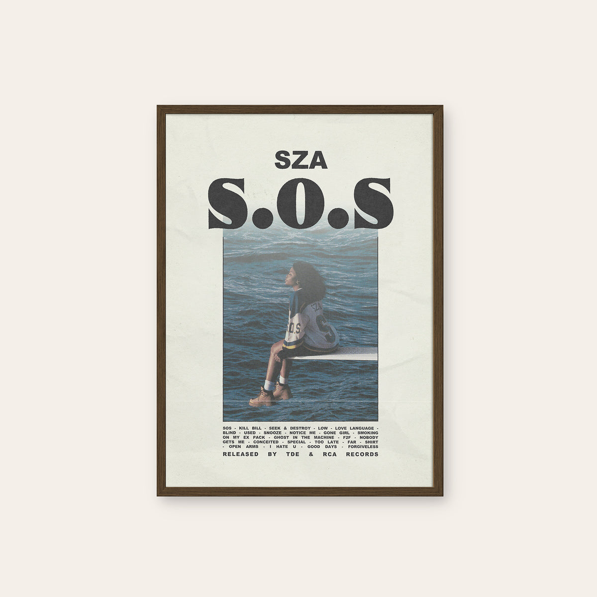 SZA SOS newspaper poster, Headline — dark wood frame