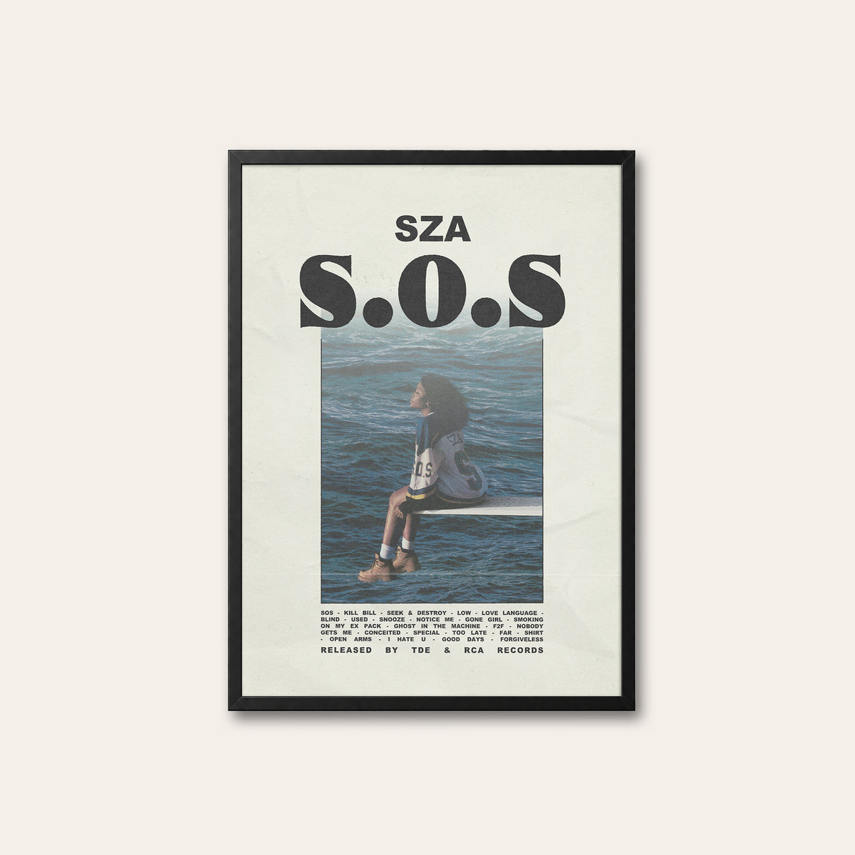 SZA SOS newspaper poster, Headline — black frame