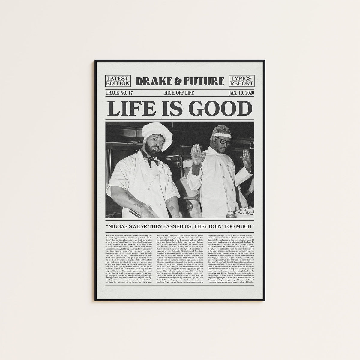Drake & Future Life Is Good newspaper poster — black frame display