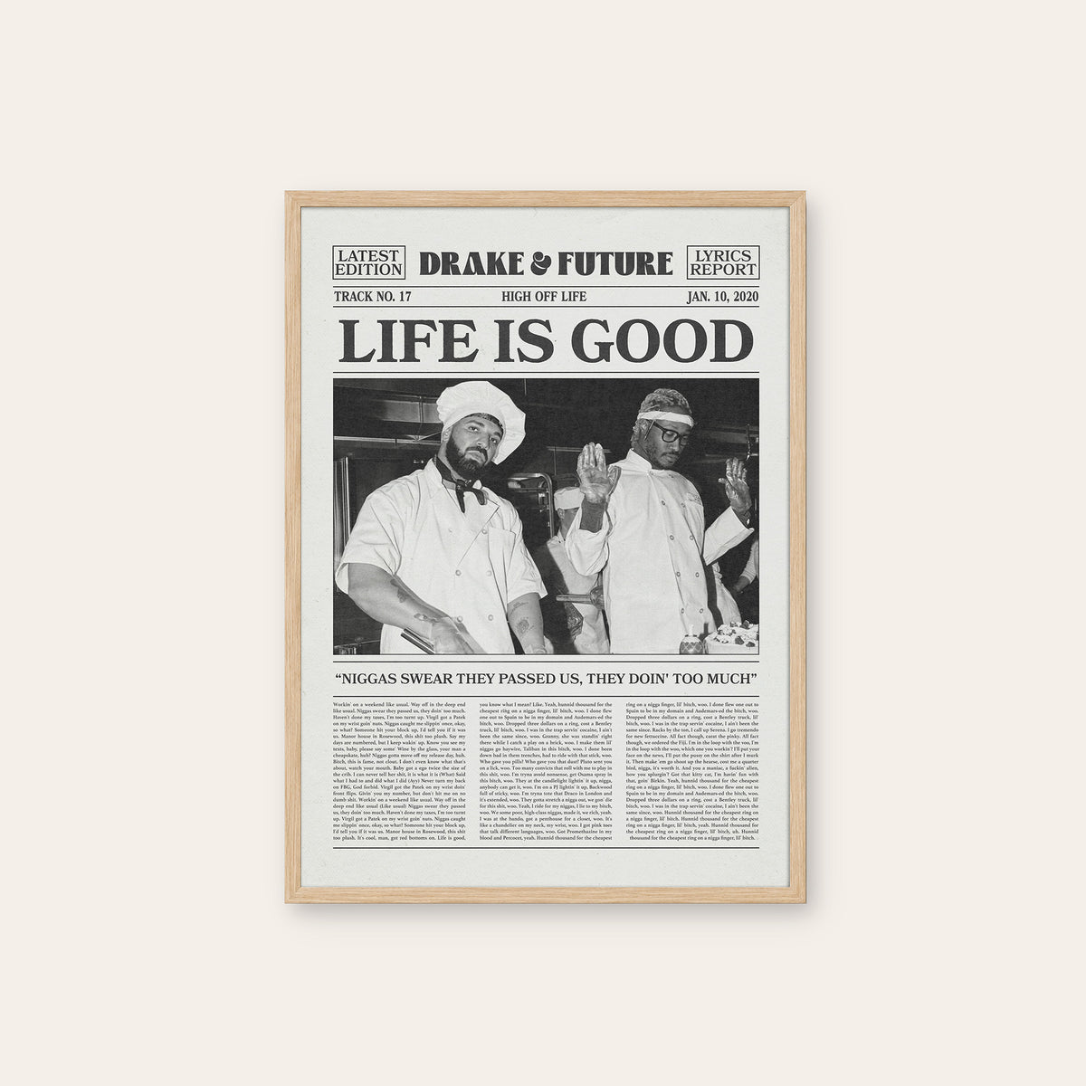 Drake & Future Life Is Good newspaper poster — natural wood frame